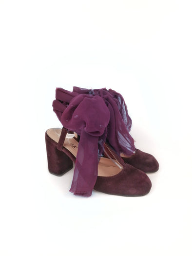 JOSEPHINE BORDEAUX SUEDE TIE-UP T-BAR HEELS (8,5cm)