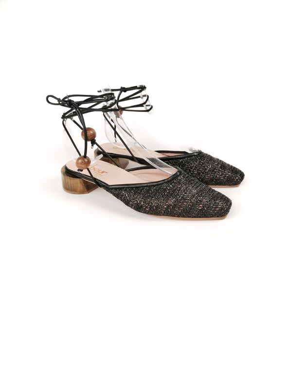 SIENNA RAFFIA/SUEDE BLACK LACE-UP MULES
