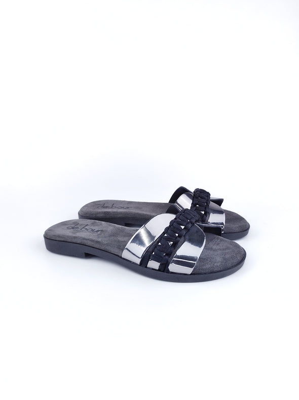 ALIVIA DARK SILVER MACRAME LEATHER SLIPPER SANDALS