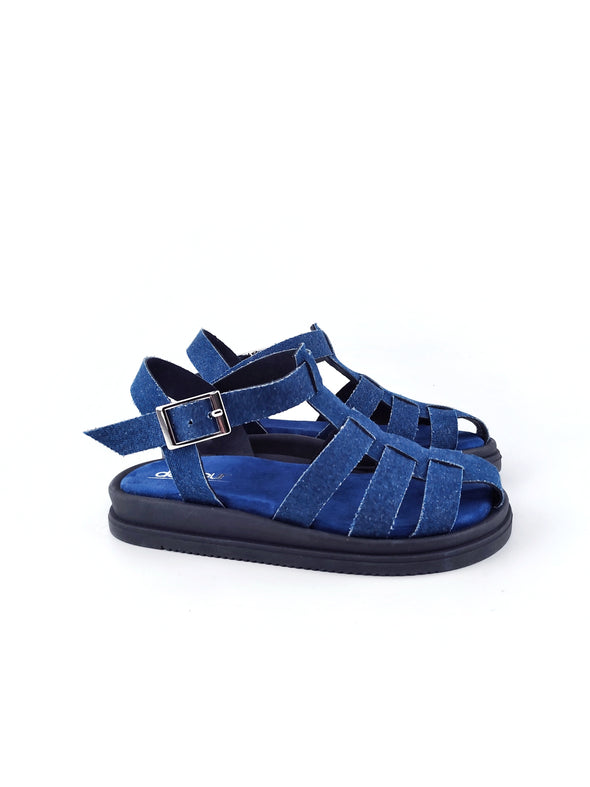 CALLIE FISHERMAN DENIM LEATHER FLATFORMS