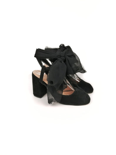 JOSEPHINE BLACK SUEDE TIE-UP T-BAR HEELS (8,5cm)