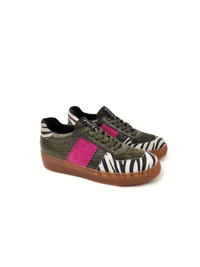 BETTY KHAKI/ZEBRA LEATHER SNEAKERS