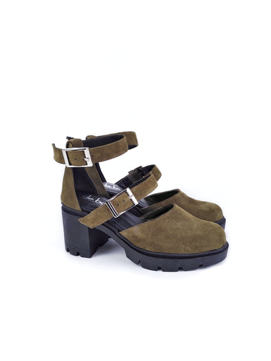 CLEMENCE OLIVE GREEN SUEDE LEATHER STRAPPY HEELS (7,5cm)